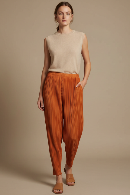 Pantalon À Pince Plissé Fluide Ample Orange Femme - Polyester