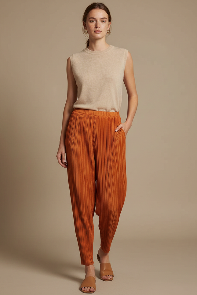 Pantalon À Pince Plissé Fluide Ample Orange Femme - Polyester