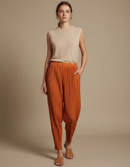 Pantalon À Pince Plissé Fluide Ample Orange Femme - Polyester