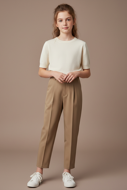 Pantalon À Pince Kaki Plissé Droit Décontracté Femme - Gabardine