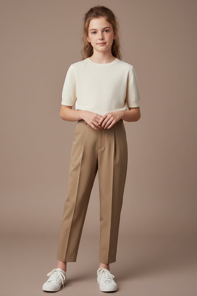 Pantalon À Pince Kaki Plissé Droit Décontracté Femme - Gabardine