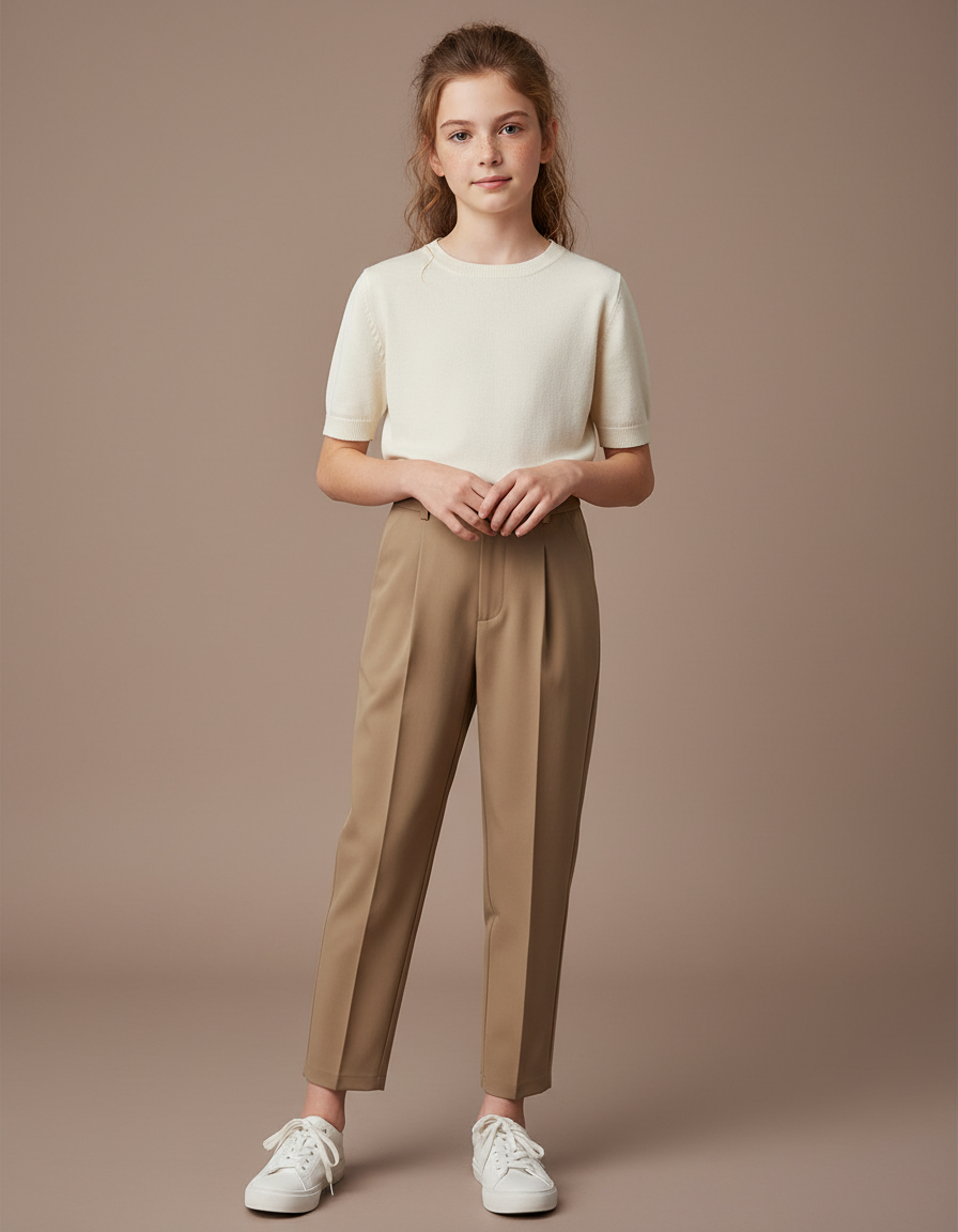 Pantalon À Pince Kaki Plissé Droit Décontracté Femme - Gabardine