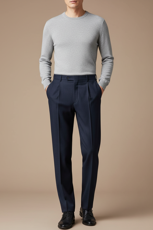 Pantalon À Pince Bleu Marine Plissé Laine Élégant Homme