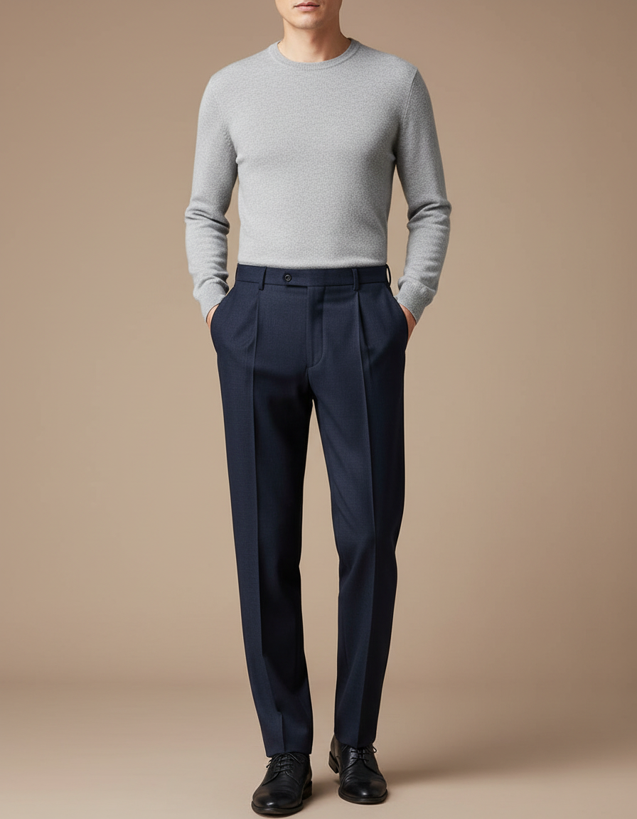 Pantalon À Pince Bleu Marine Plissé Laine Élégant Homme
