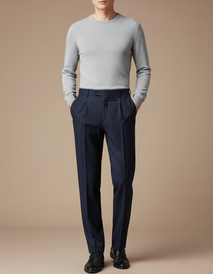 Pantalon À Pince Bleu Marine Plissé Laine Élégant Homme