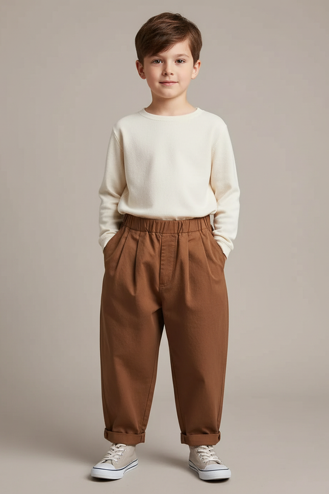 Pantalon À Pince Marron Ample Plissé Coton Enfant