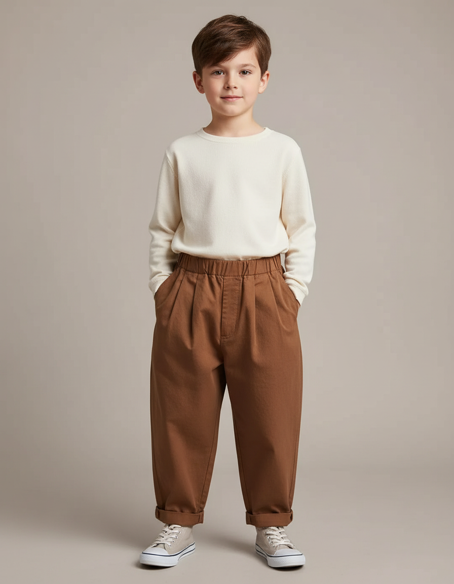 Pantalon À Pince Marron Ample Plissé Coton Enfant