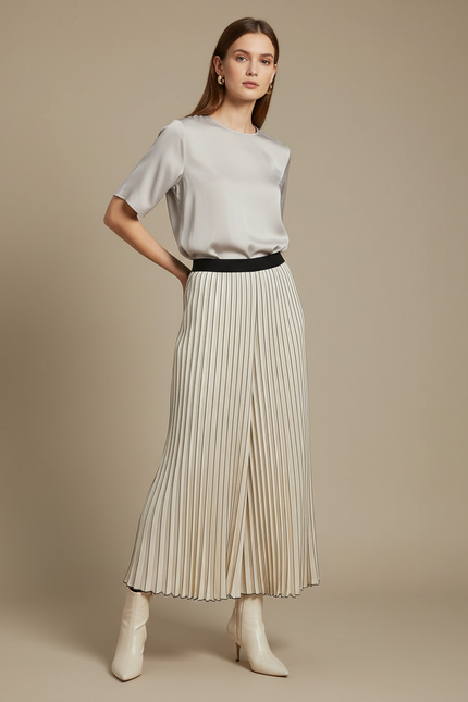 Pantalon À Pince Plissé Rayé Écru Fluide Femme - Beige Satin