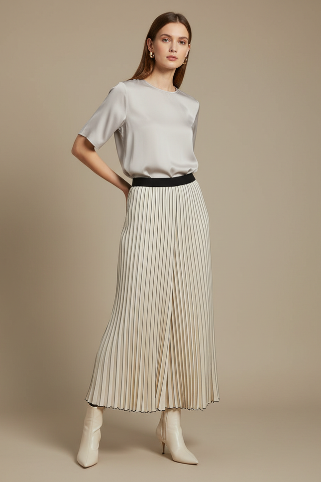 Pantalon À Pince Plissé Rayé Écru Fluide Femme - Beige Satin