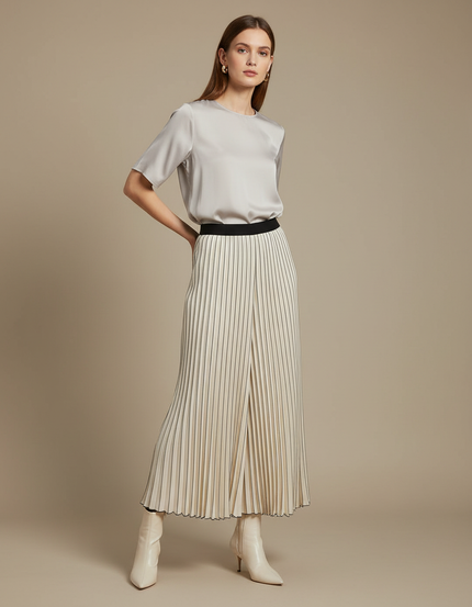 Pantalon À Pince Plissé Rayé Écru Fluide Femme - Beige Satin