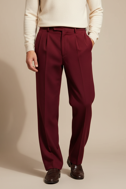 Pantalon À Pince Bordeaux Plissé Ample Élégant Homme - Laine