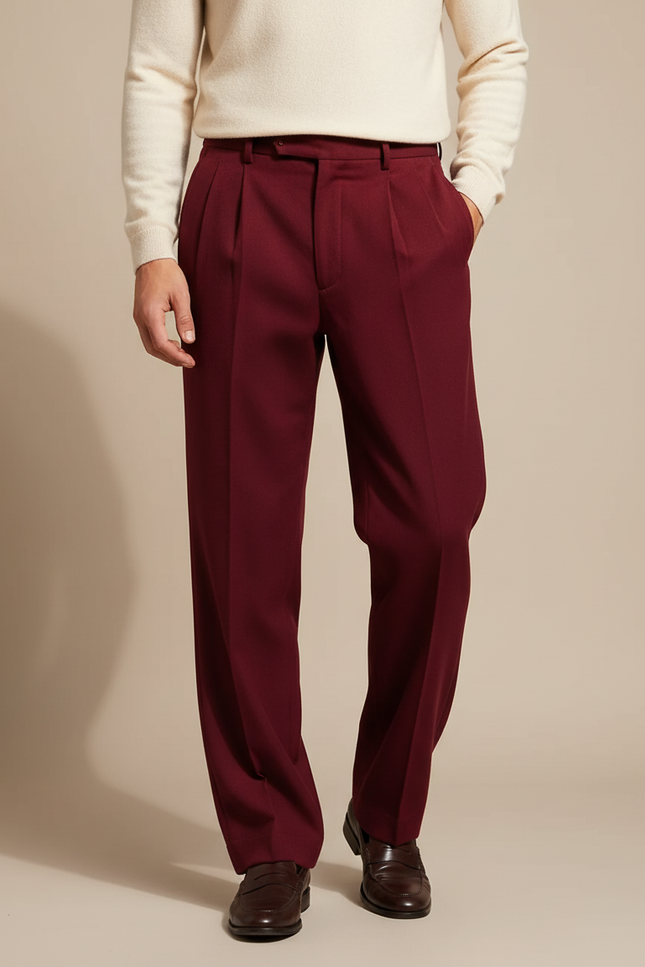 Pantalon À Pince Bordeaux Plissé Ample Élégant Homme - Laine