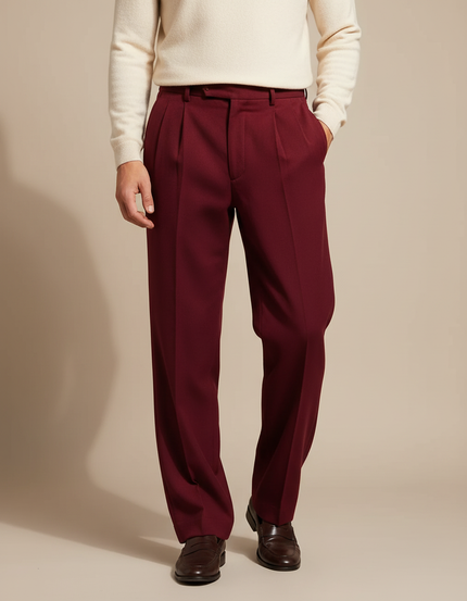 Pantalon À Pince Bordeaux Plissé Ample Élégant Homme - Laine
