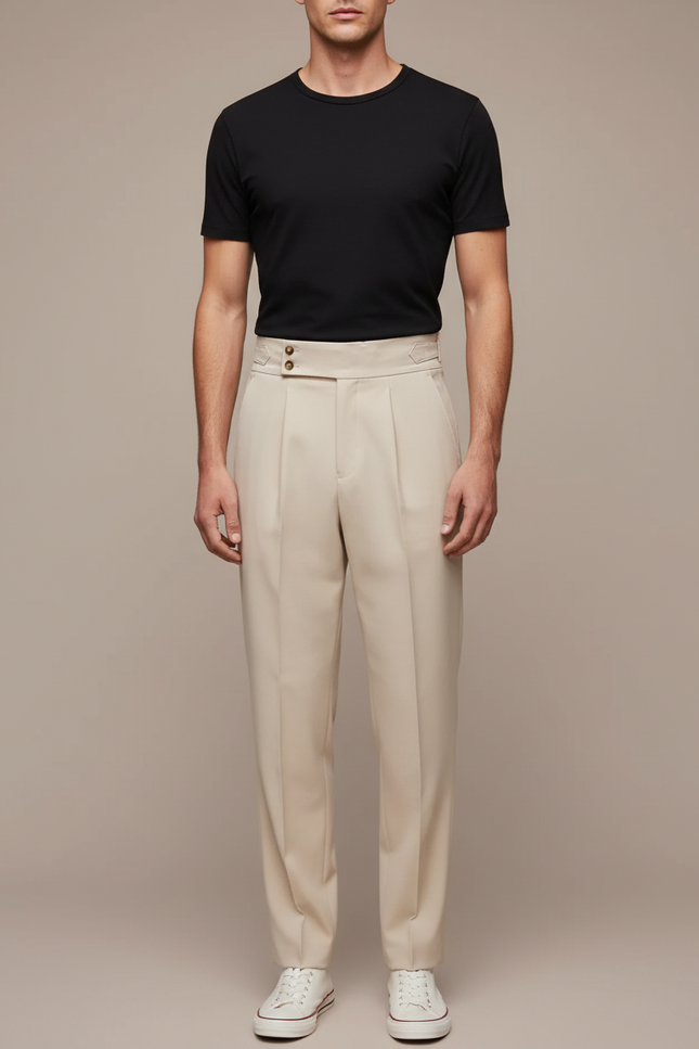 Pantalon À Pince Beige Plissé Chic Droit Décontracté Homme - Gabardine