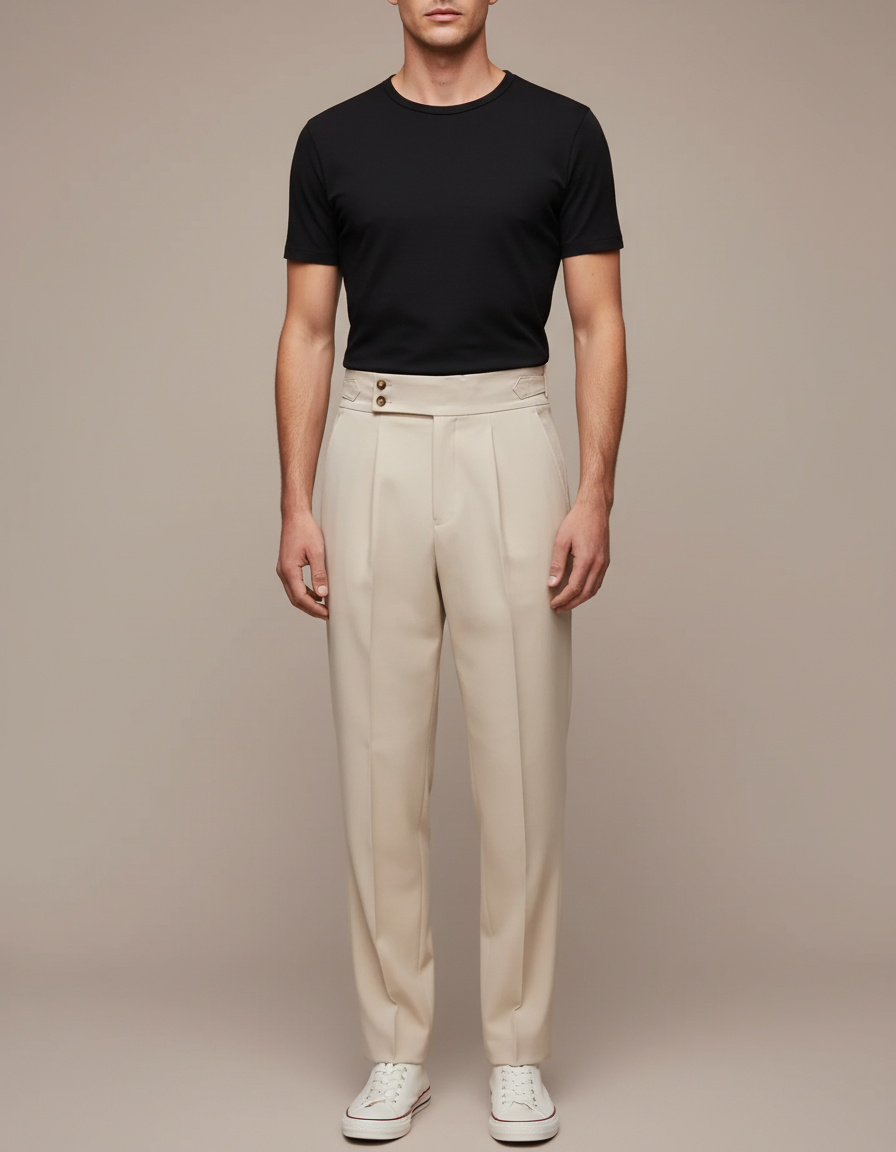 Pantalon À Pince Beige Plissé Chic Droit Décontracté Homme - Gabardine