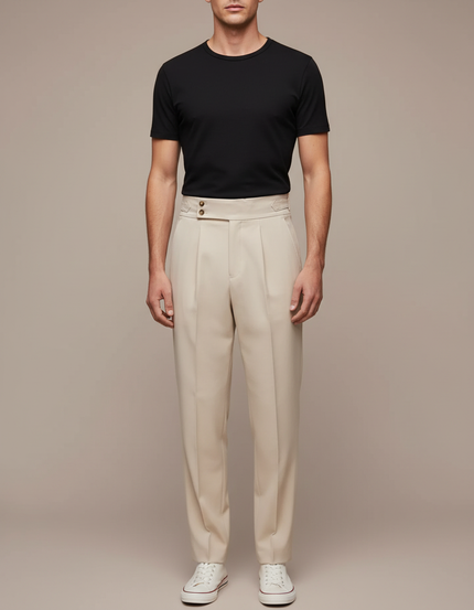 Pantalon À Pince Beige Plissé Chic Droit Décontracté Homme - Gabardine