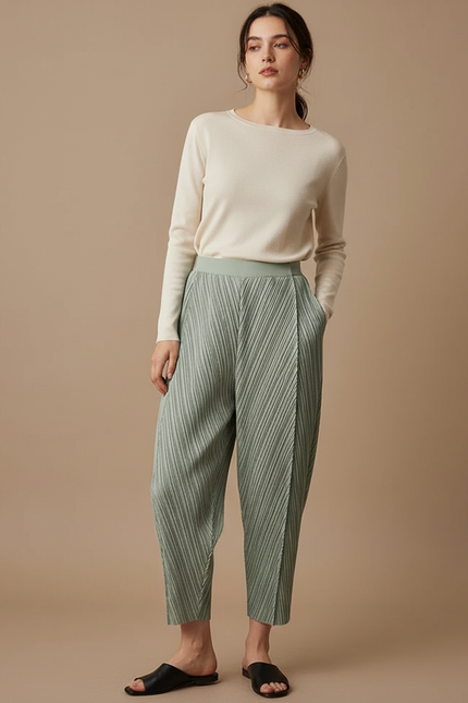 Pantalon À Pince Plissé Vert Menthe Ample Femme - Polyester