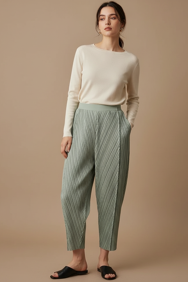 Pantalon À Pince Plissé Vert Menthe Ample Femme - Polyester