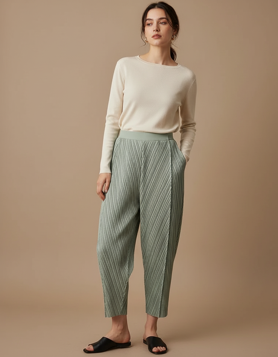 Pantalon À Pince Plissé Vert Menthe Ample Femme - Polyester