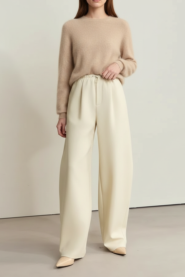 Pantalon À Pince Crème Ample Fluide Décontracté Élégant - Beige Simili cuir