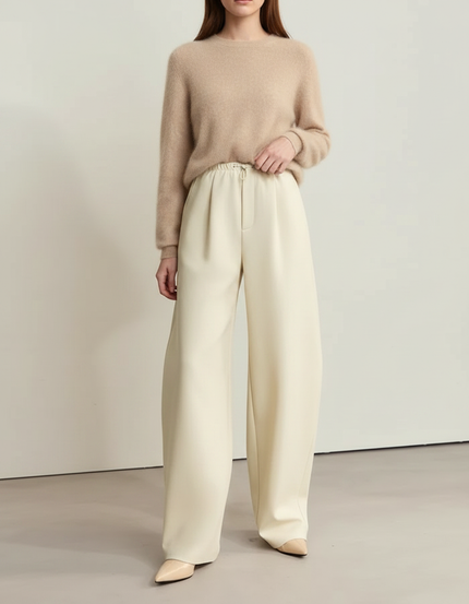 Pantalon À Pince Crème Ample Fluide Décontracté Élégant - Beige Simili cuir