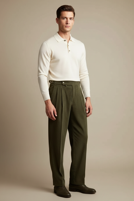 Pantalon À Pince Vert Côtelé Ample Plissé Homme - Cordé