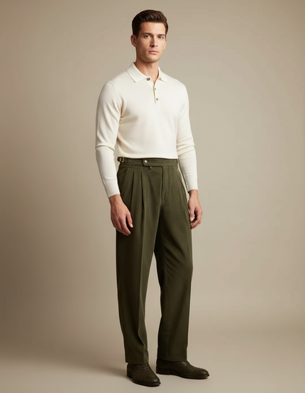 Pantalon À Pince Vert Côtelé Ample Plissé Homme - Cordé