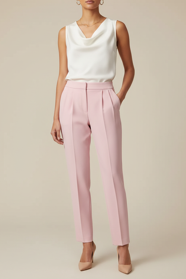 Pantalon À Pince Rose Poudré Taille Haute Droit Élégant - Polyester
