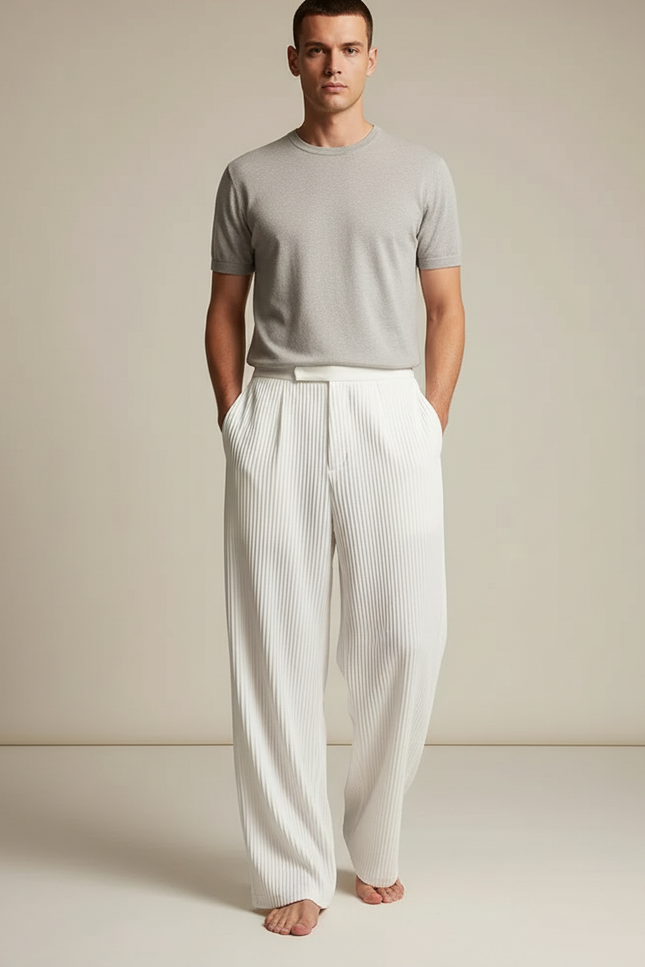 Pantalon À Pince Blanc Plissé Ample Décontracté - Maille