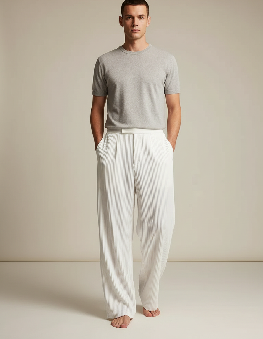 Pantalon À Pince Blanc Plissé Ample Décontracté - Maille