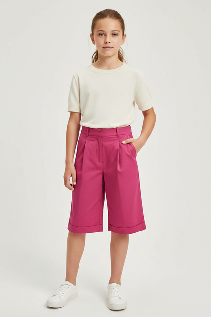 Pantalon À Pince Fuchsia Plissé Ample Court Fille - Rose Gabardine