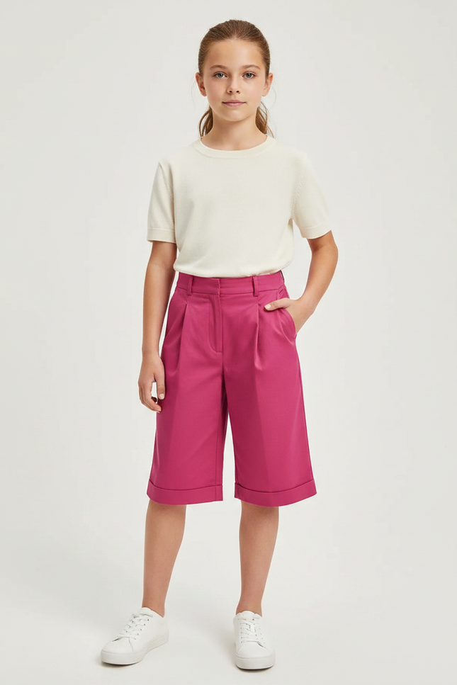 Pantalon À Pince Fuchsia Plissé Ample Court Fille - Rose Gabardine