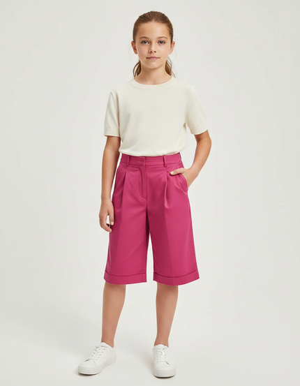Pantalon À Pince Fuchsia Plissé Ample Court Fille - Rose Gabardine