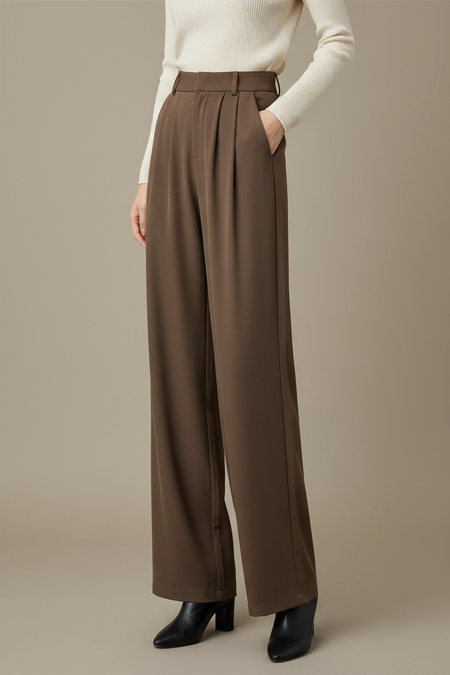 Pantalon À Pince Marron Plissé Ample Fluide Élégant - Polyester