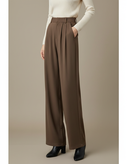 Pantalon À Pince Marron Plissé Ample Fluide Élégant - Polyester