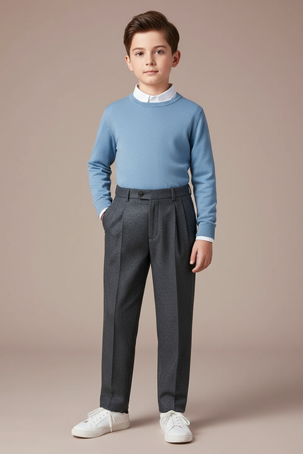 Pantalon À Pince Gris Foncé Texturé Décontracté Plissé - Laine