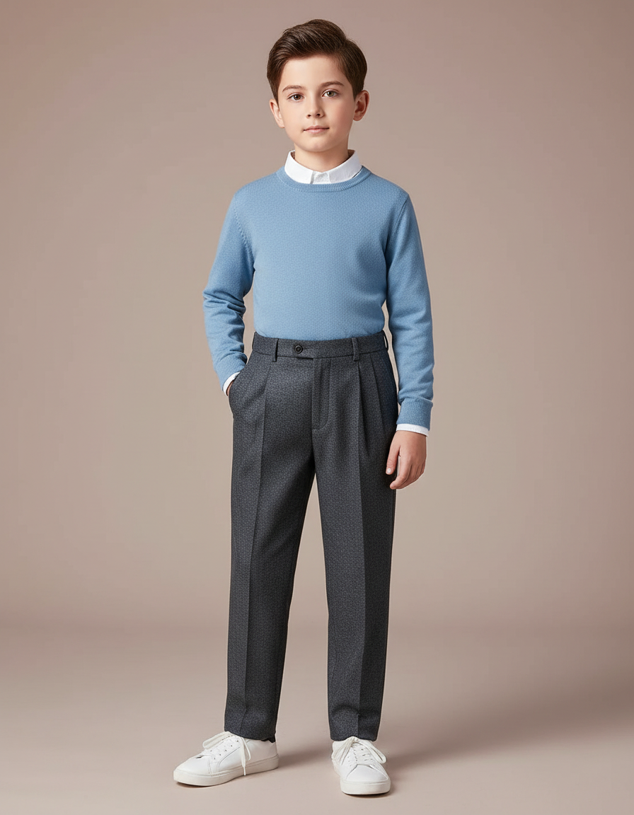 Pantalon À Pince Gris Foncé Texturé Décontracté Plissé - Laine