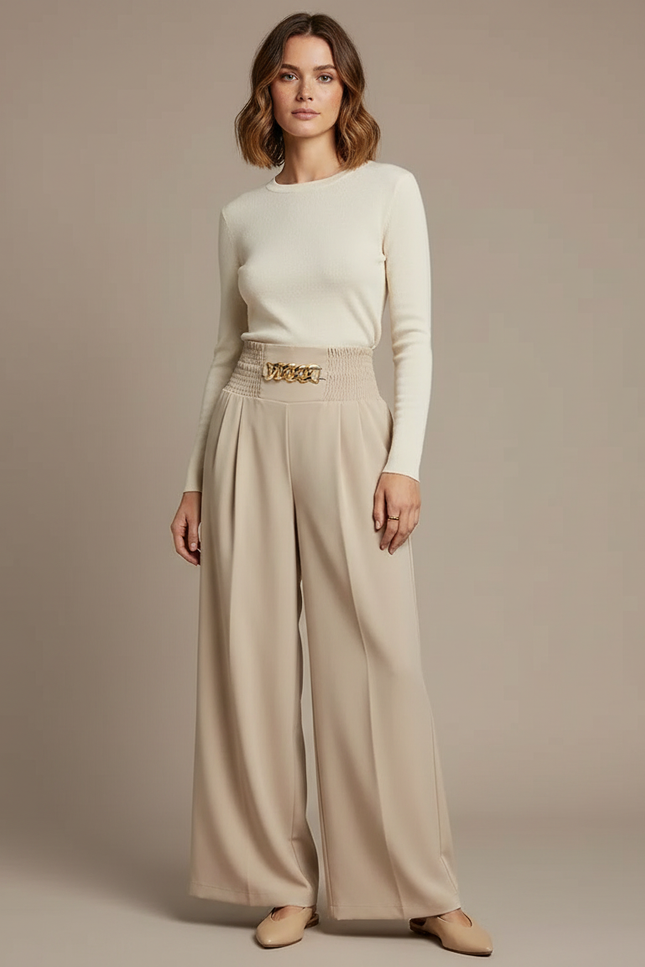 Pantalon À Pince Beige Fluide Taille Haute Élégant - Polyester