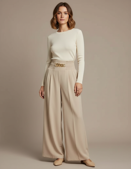 Pantalon À Pince Beige Fluide Taille Haute Élégant - Polyester