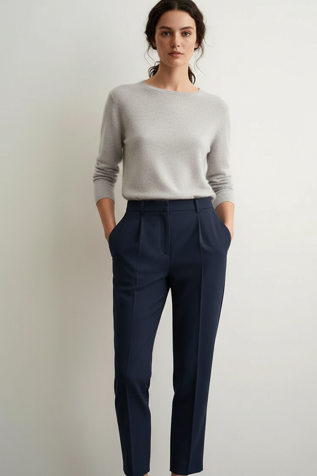 Pantalon À Pince Bleu Marine Taille Haute Élégant Femme - Gabardine