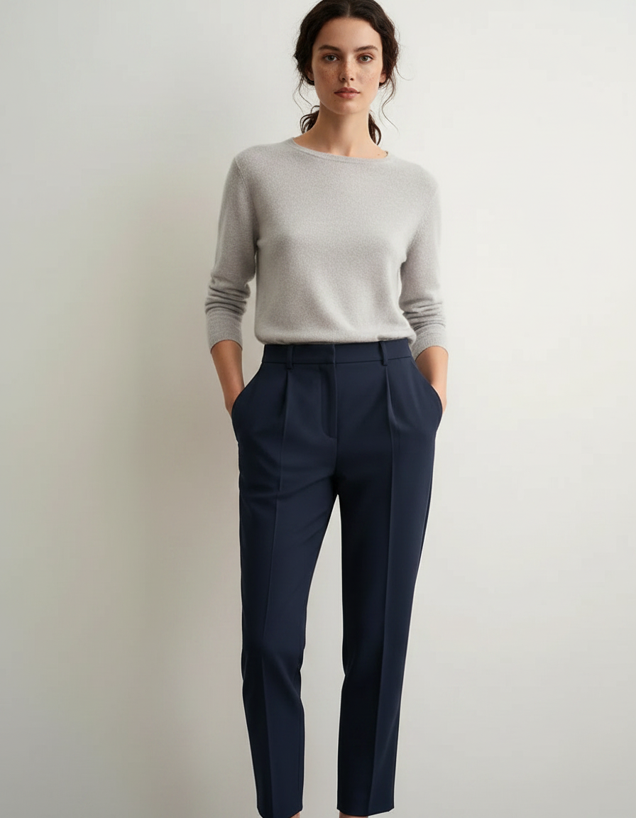 Pantalon À Pince Bleu Marine Taille Haute Élégant Femme - Gabardine