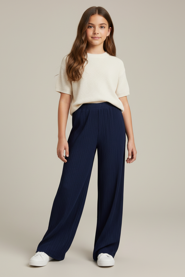Pantalon À Pince Bleu Marine Ample Plissé Confortable - Maille