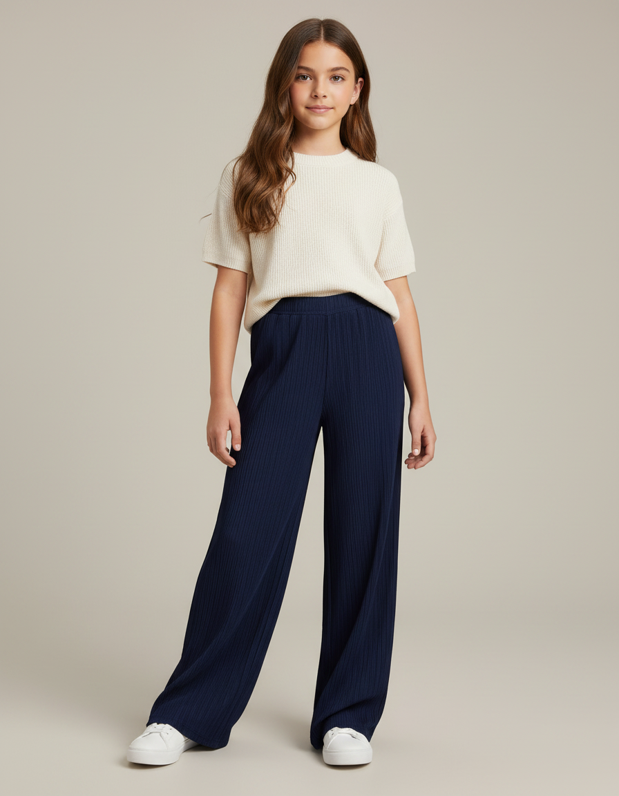 Pantalon À Pince Bleu Marine Ample Plissé Confortable - Maille