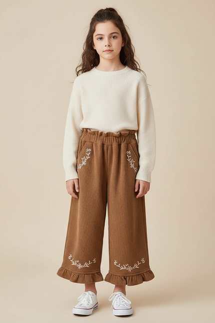 Pantalon À Pince Côtelé Marron Brodé Ample Enfant - Cordé