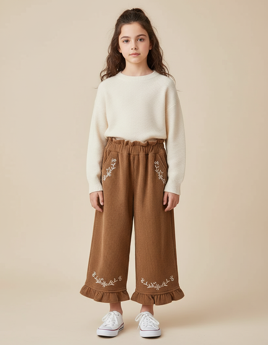 Pantalon À Pince Côtelé Marron Brodé Ample Enfant - Cordé