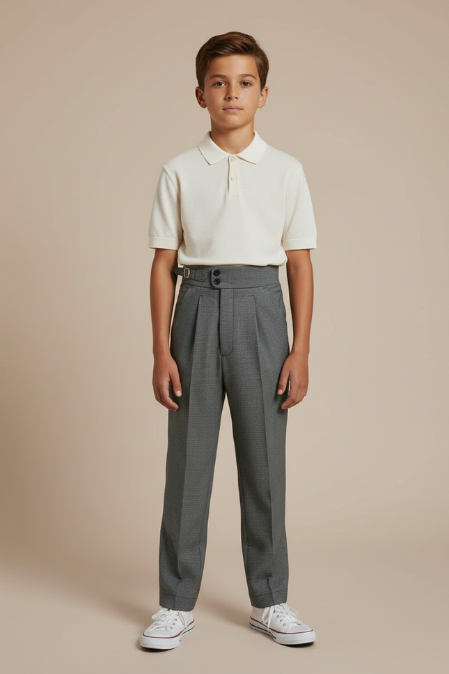 Pantalon À Pince Gris Élégant Taille Haute Plissé Enfant - Gabardine