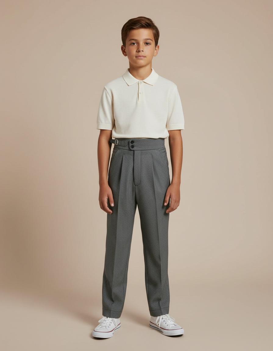 Pantalon À Pince Gris Élégant Taille Haute Plissé Enfant - Gabardine