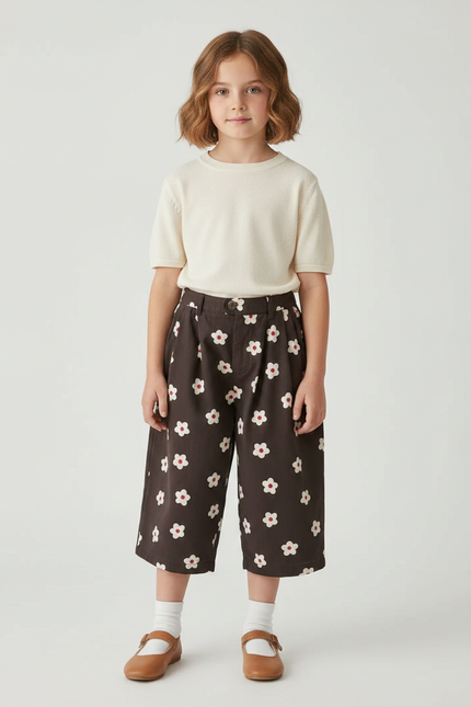 Pantalon À Pince Marron Fleurs Blanches Ample Enfant - Coton