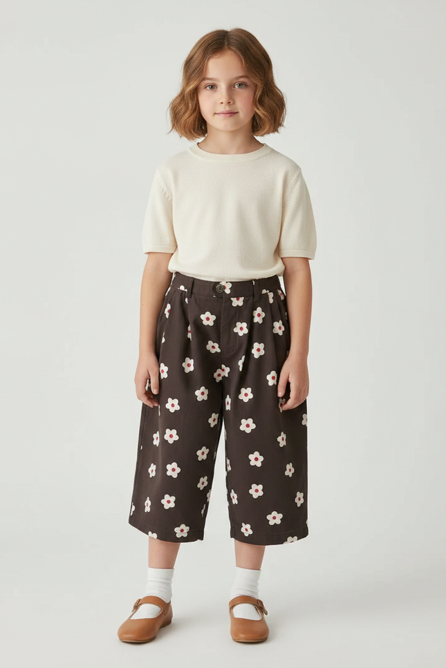 Pantalon À Pince Marron Fleurs Blanches Ample Enfant - Coton