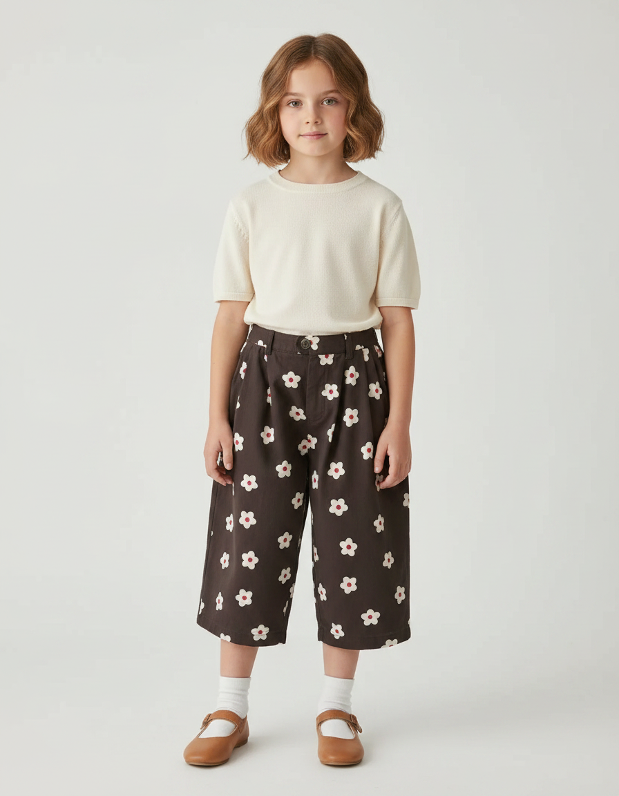 Pantalon À Pince Marron Fleurs Blanches Ample Enfant - Coton
